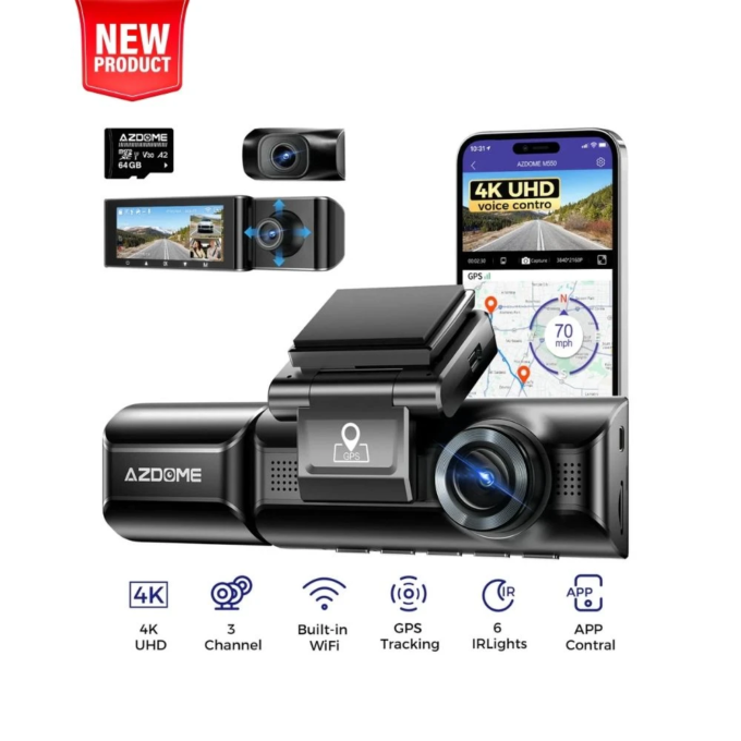 AZDOME M550 Max autocamera met 4K opname, drievoudige camera en 3" display